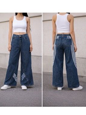 Wide Leg Stripe Sporty Athleisure Jeans